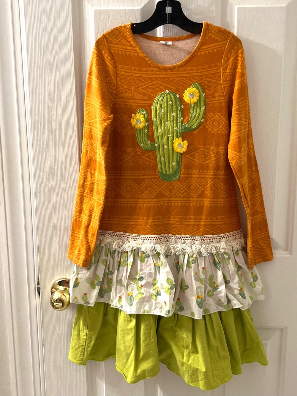 Ricrac & Ruffles Girls Cactus Western Orange Green Cotton Long Sleev Dress Sz 10